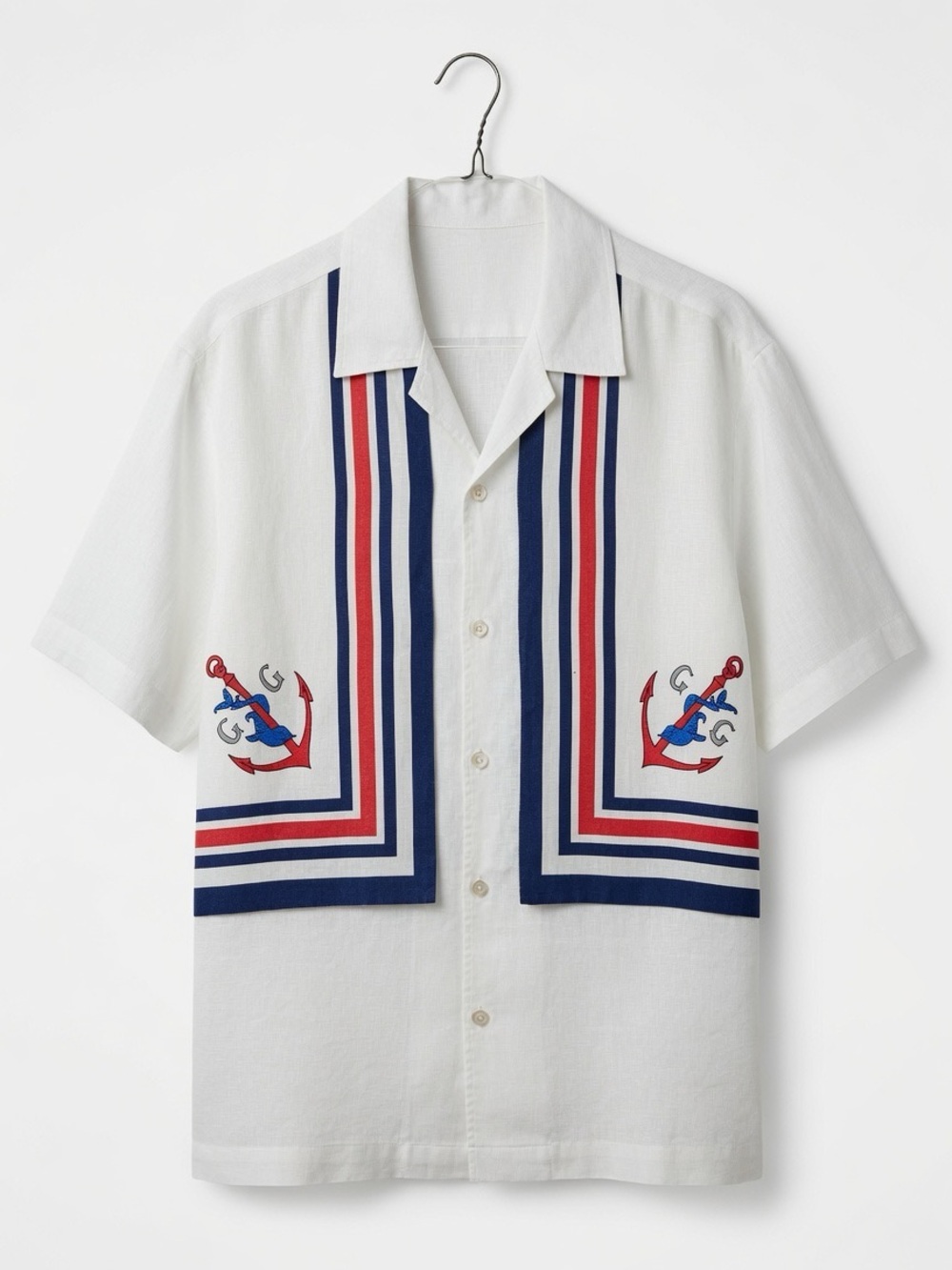 Gucci White Short-Sleeve Button-Down Shirt with Navy and Red Stripes